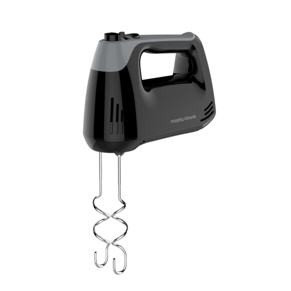 Morphy Richards black electric hand whisk with ergonomic handle and stainless steel beaters, side view.