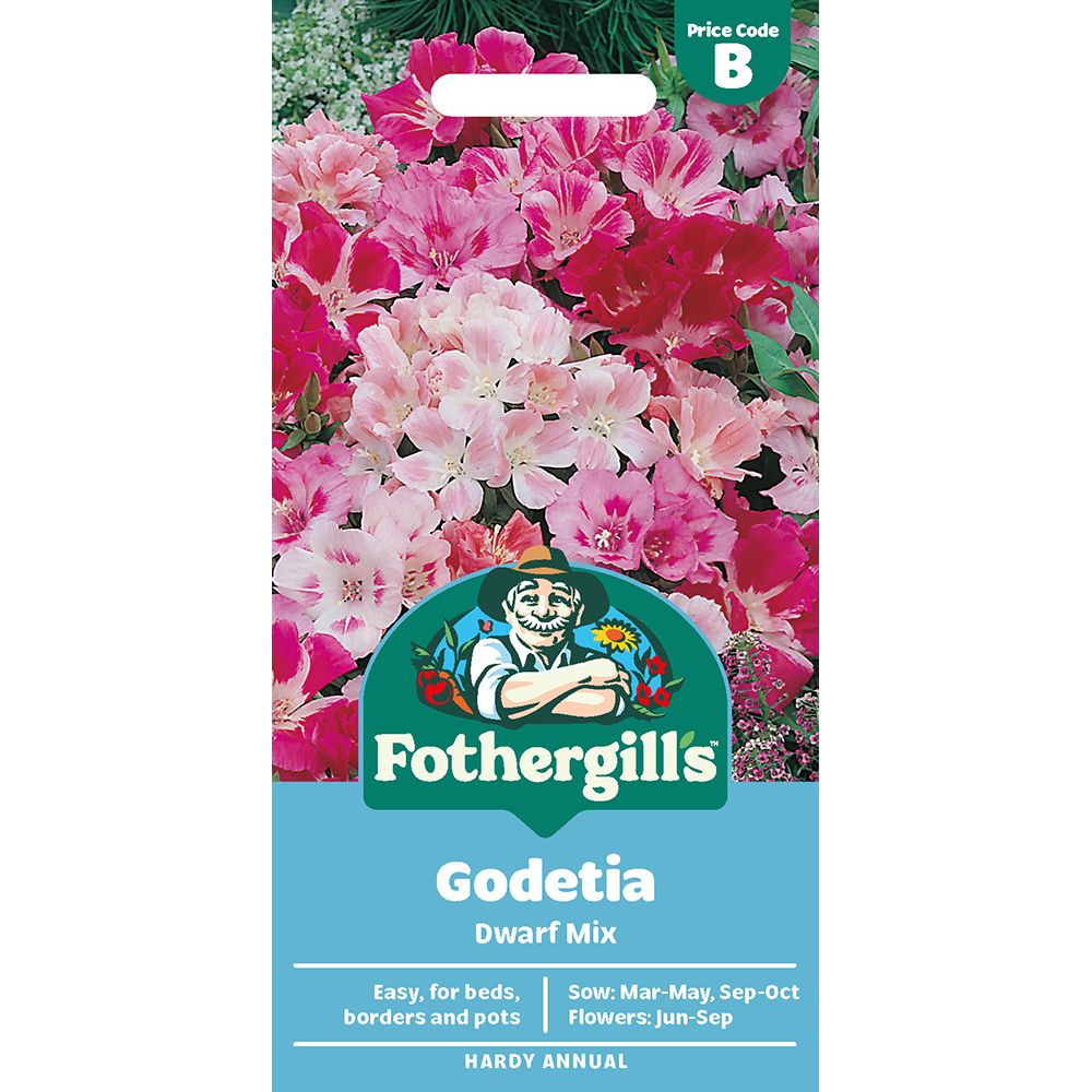 Packet of Mr. Fothergill’s Godetia Dwarf Mix seeds showing pink and red cup-shaped flowers on a blue background.