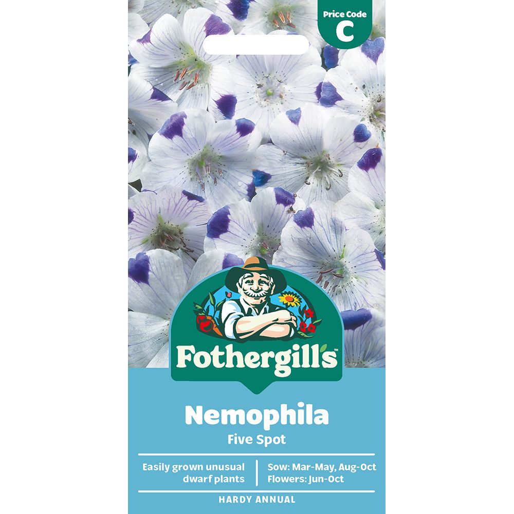 Nemophila Five Spot seed packet showing white flowers with blue tips and Fothergills logo.