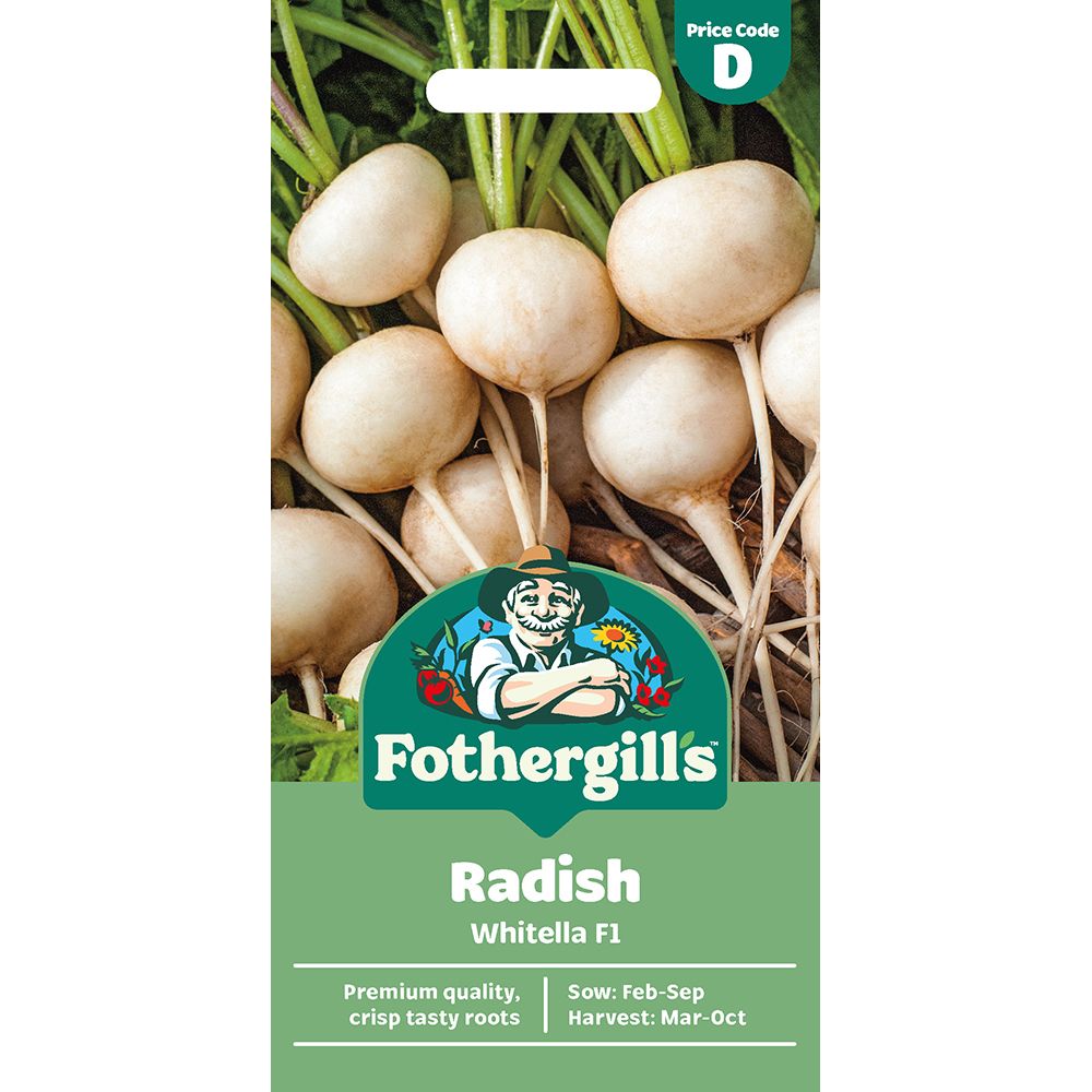Fothergill’s Radish Whitella F1 seed packet showing white round radishes with green tops and planting details.