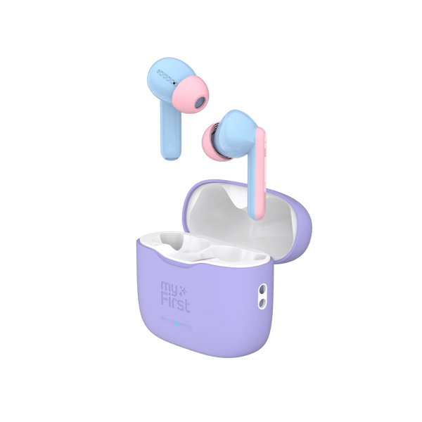 myFirst CareBuds Cotton Candy Mix wireless earbuds for kids, 85dB max volume, smart transparency, kid-sized comfort - Keans