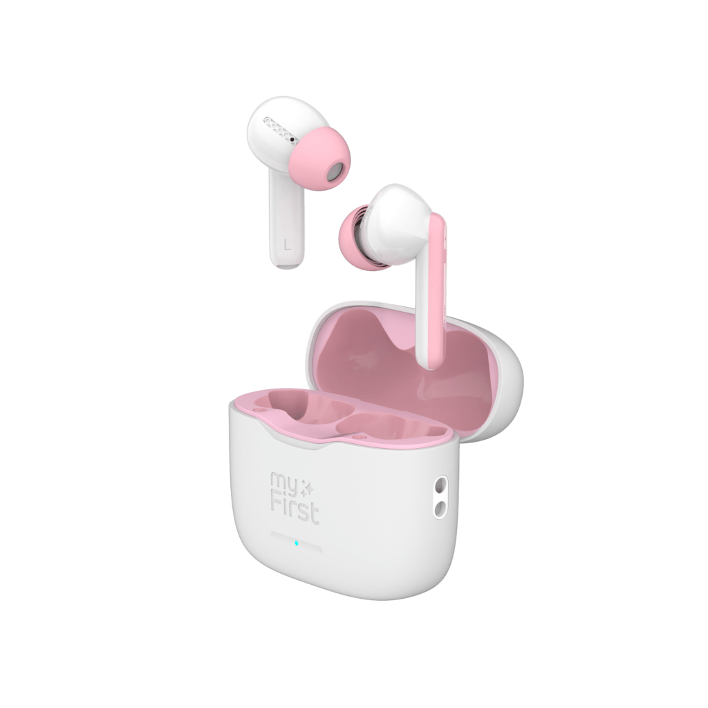 myFirst CareBuds White kids wireless earbuds with 85dB limit, smart transparency, touch control, and kid-size comfort –