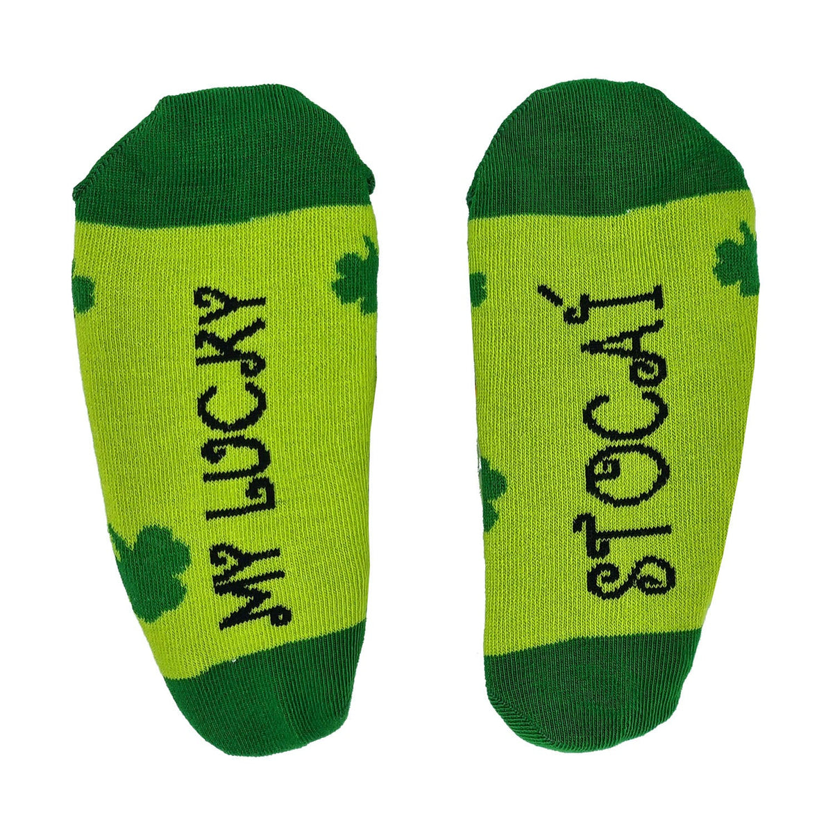 Green and yellow kids socks with shamrocks and "My Lucky Stocaí" text on the soles, size 31-35.