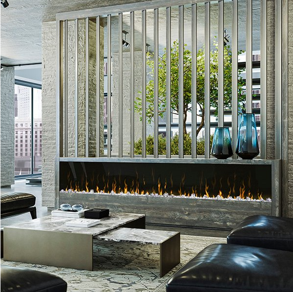 Dimplex 100" Ignite Frameless Optiflame electric fireplace with modern flames in a stylish living room divider.