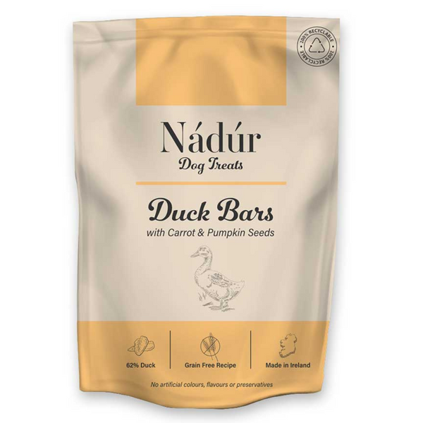 Nadur Duck Bars dog treats, 62% duck, grain-free, natural ingredients, high protein, 100g pack, from Keans Claremorris.