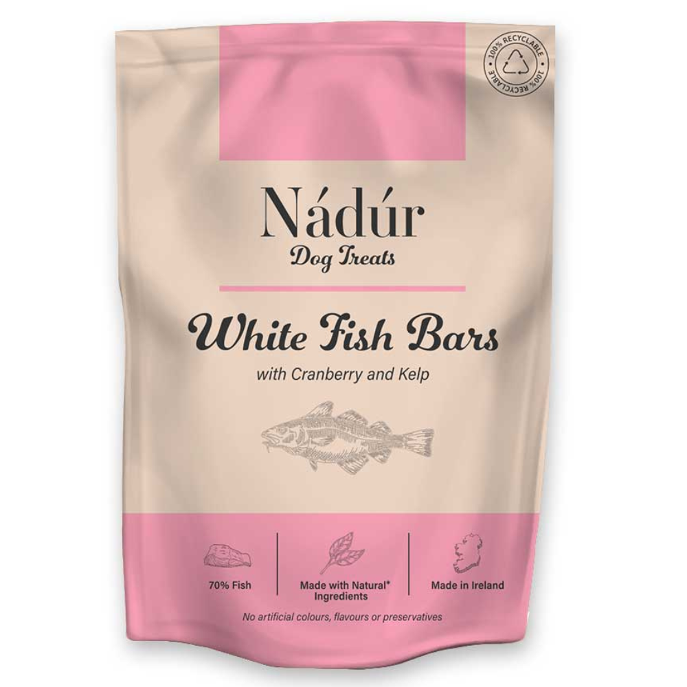Nadur Dog Treats Fish Bars, 70% white fish, high protein, natural ingredients, no artificial additives, made in Ireland,