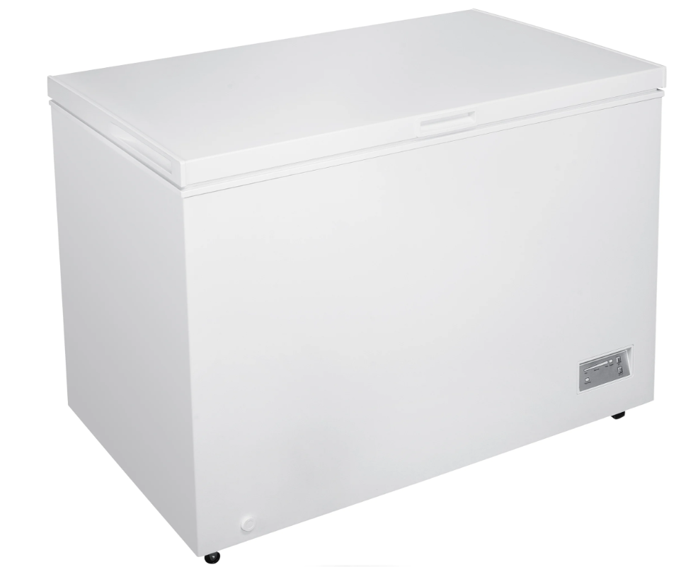 White Beko 308 Litre chest freezer with closed lid, control panel on front lower right side