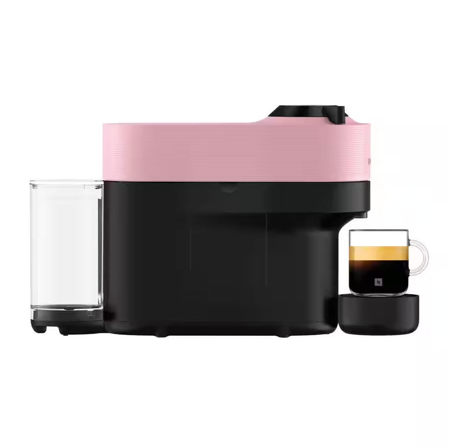 Delonghi Nespresso Vertuo Pop coffee machine in pink and black with a glass of espresso on the drip tray.