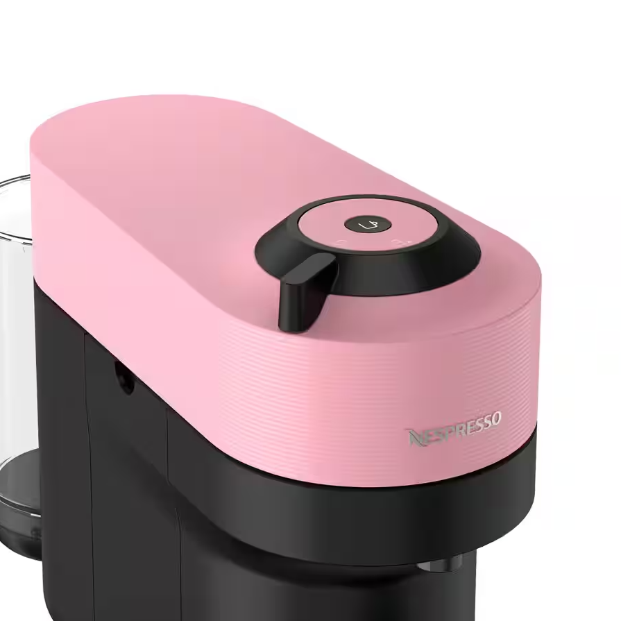Delonghi Nespresso Vertuo Pop coffee machine in pink and black, showing top and side with control dial.
