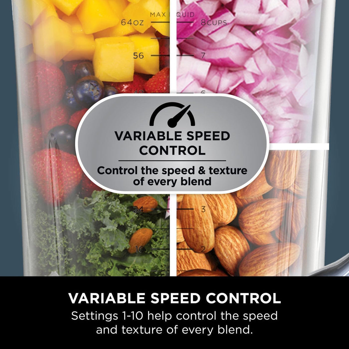 Close-up of Ninja Detect Power Blender jar filled with fruits, vegetables, and nuts, highlighting variable speed control.