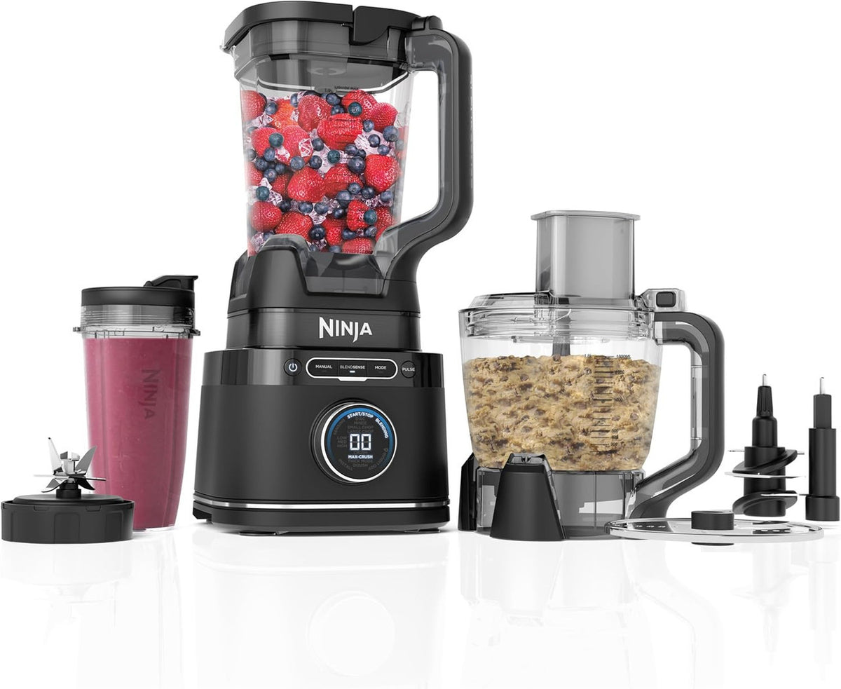 Ninja Detect Power Blender & Processor Pro with blender jug of berries, food processor bowl with dough, single-serve cup