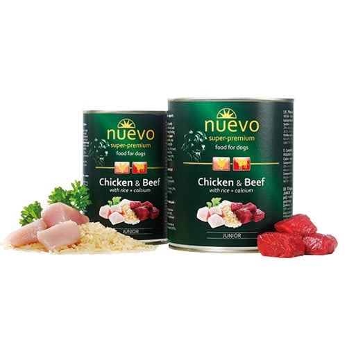 Nuevo Chicken and Beef with Rice Dog Food 800g for healthy growth, fresh meat, vitamins – available at Keans Claremorris.