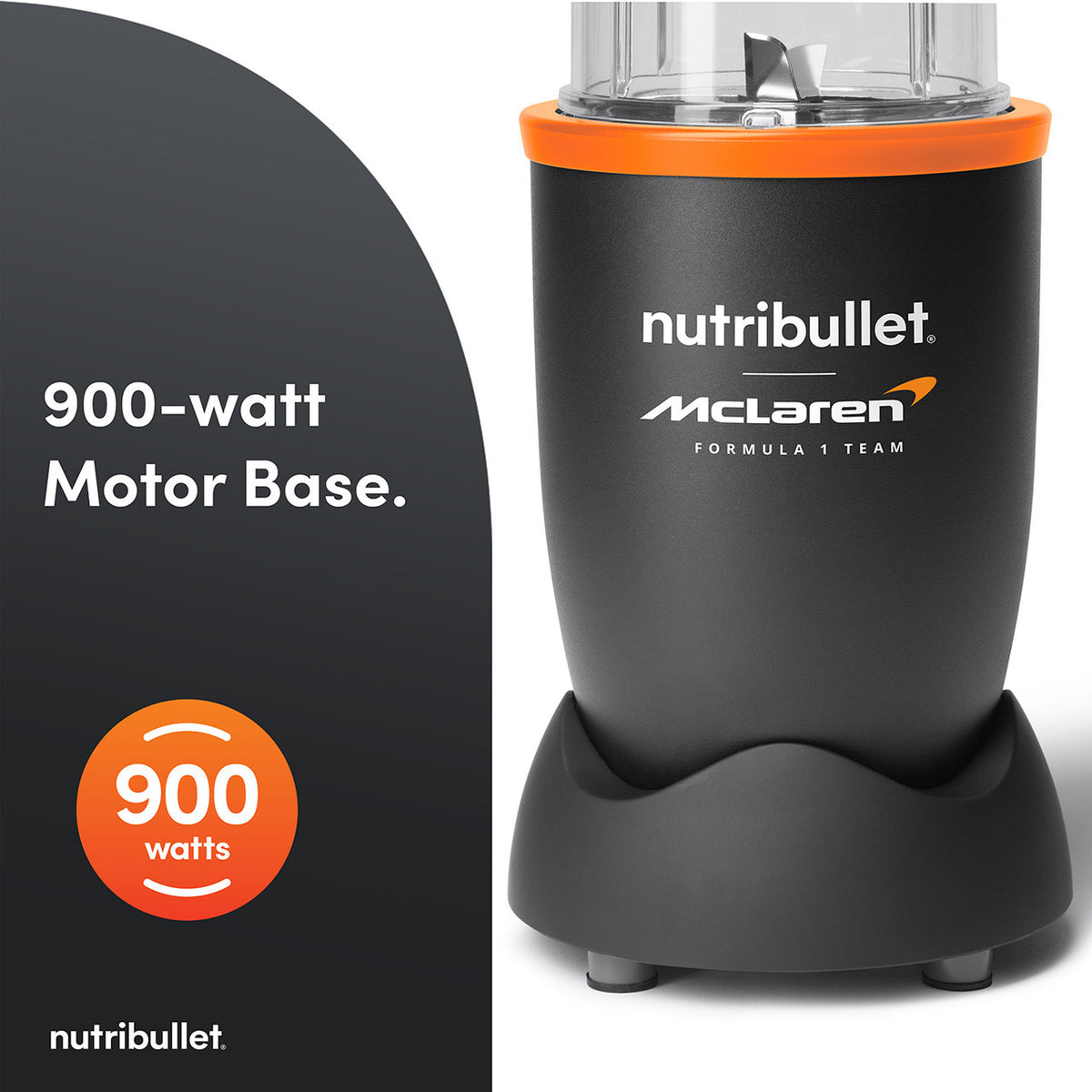 Close-up of Nutribullet 900 McLaren motor base in black with orange trim and logo detail