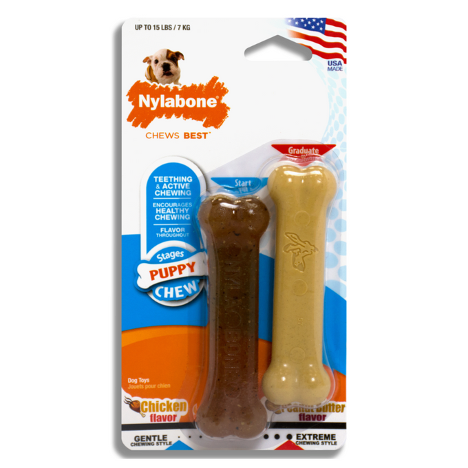 Nylabone Puppy Chew Bone Twin Pack, peanut butter & chicken flavors, soft flexible teething toys for small puppies – Keans