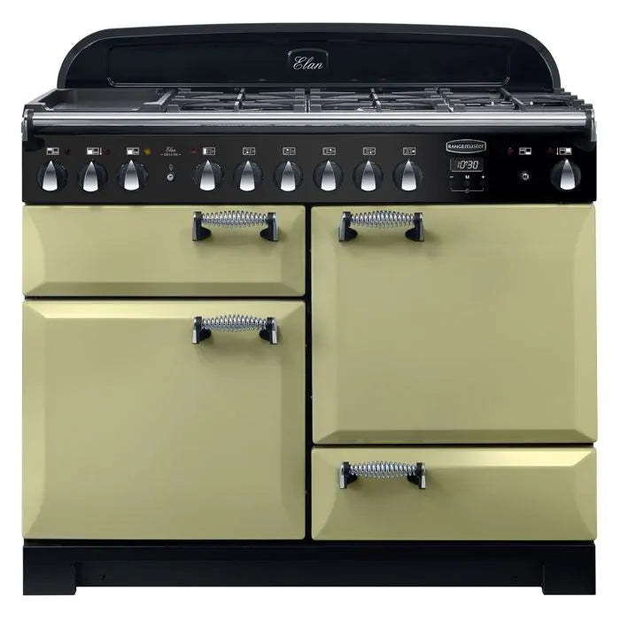 Rangemaster Elan 110cm dual fuel range cooker in cream with multiple oven doors and control knobs above