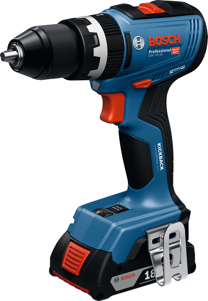 Bosch 18V Combi Drill GSB 18V-65 in blue with black grip, orange trigger, and metal belt clip, angled left.