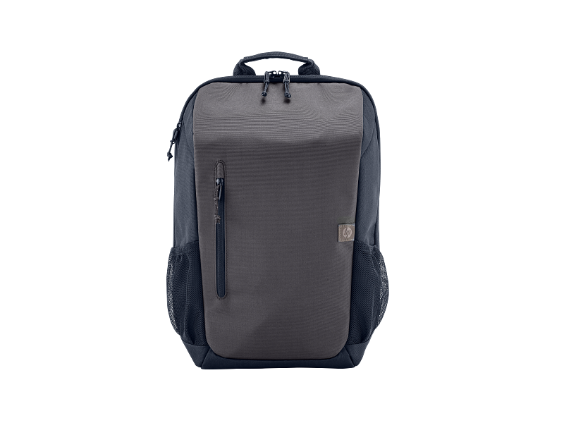 HP 18L 15.6" Laptop Backpack in iron grey with front zip pocket, mesh side pockets, and top handle.