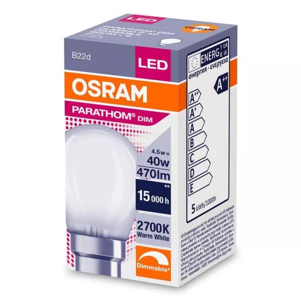 Boxed Osram LED filament bulb 4.5W equals 40W, B22d base, 2700K warm white, dimmable, energy rating A++