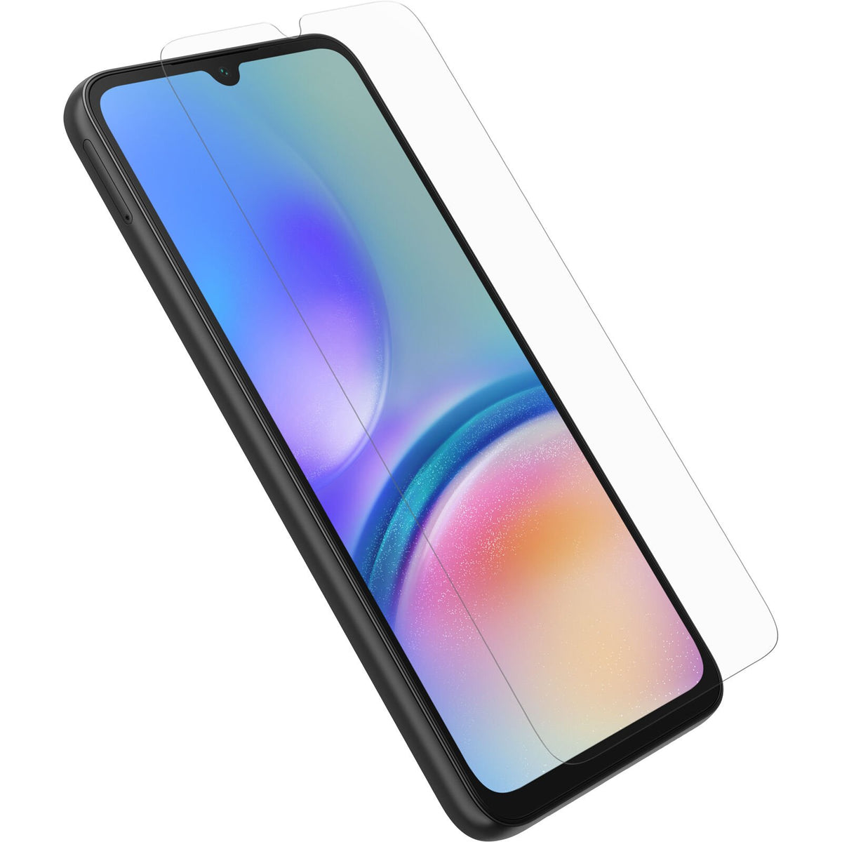 Samsung Galaxy A05s with OtterBox clear tempered glass screen protector partially aligned above the display.