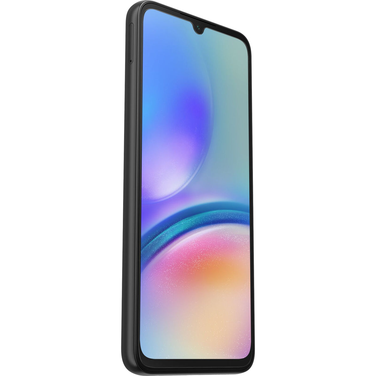 Samsung Galaxy A05s with Otterbox clear glass screen protector applied, angled view showing front and side edges