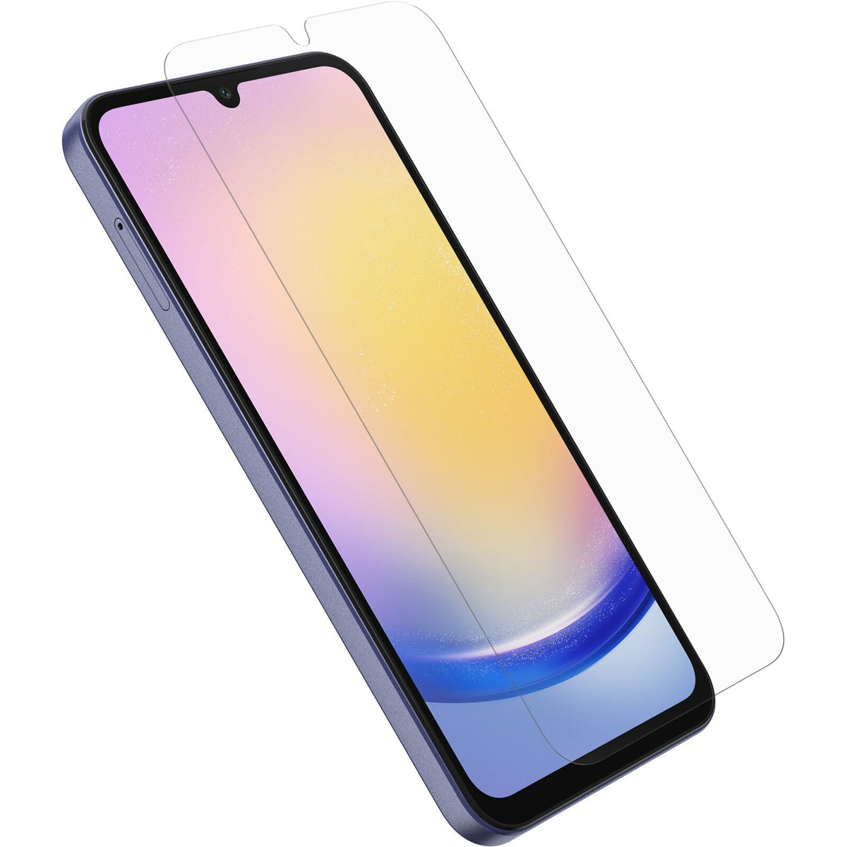 Samsung Galaxy A25 5G with OtterBox clear tempered glass screen protector partially aligned on display.