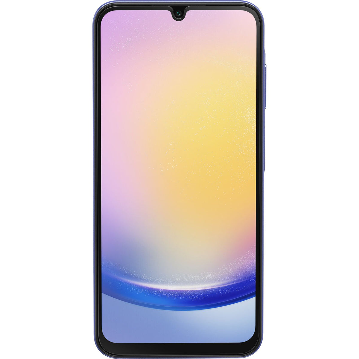 Samsung Galaxy A25/5G with OtterBox clear glass screen protector applied, front view with colorful display