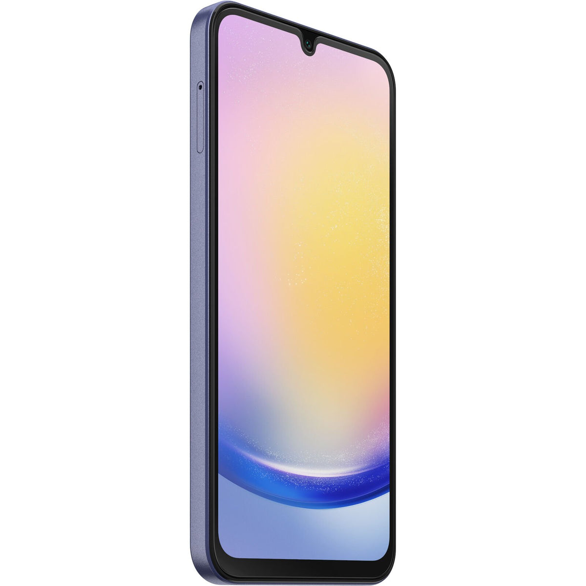 Samsung Galaxy A25/5G with OtterBox clear glass screen protector applied, angled view on white background.