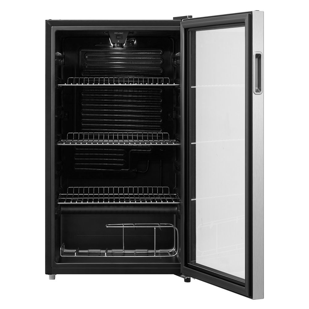 PowerPoint Beverage Cooler with open glass door showing three wire shelves and interior LED light.