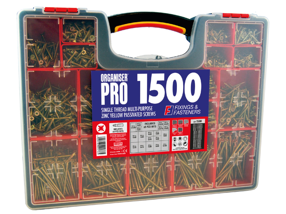 Forgefix 1500 Piece Multi-Purpose Screw Organiser with clear plastic case and multiple compartments of zinc yellow screws