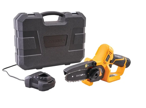 Batavia 12V one-handed chainsaw with 118mm blade, low kickback chain, battery, charger, and carry case - Keans Claremorris
