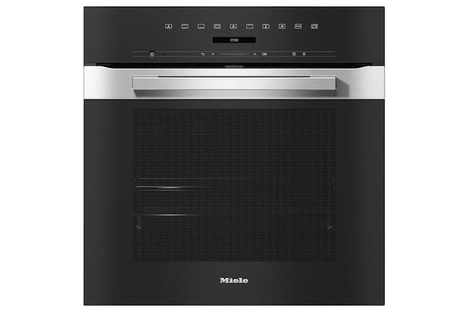 Miele H7260BP built-in electric oven with pyrolytic cleaning, fan grill, stainless steel finish, A+ energy, at Kean’s