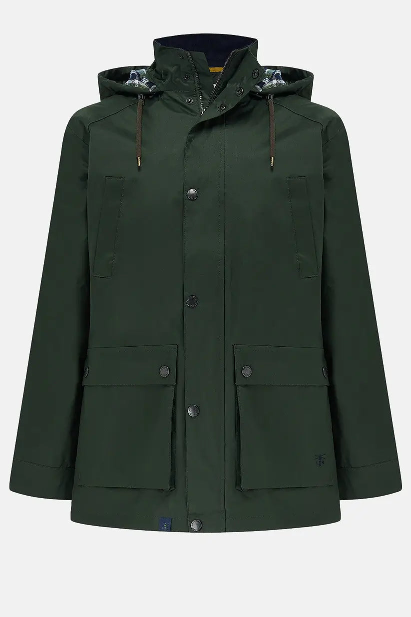 Hunter green men's Oxford coat with hood, front snap buttons, and large flap pockets.