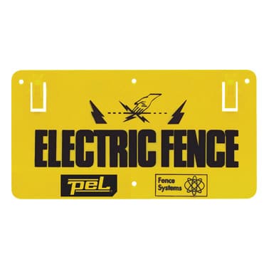 Yellow rectangular electric fence warning sign with black text and lightning bolt graphics