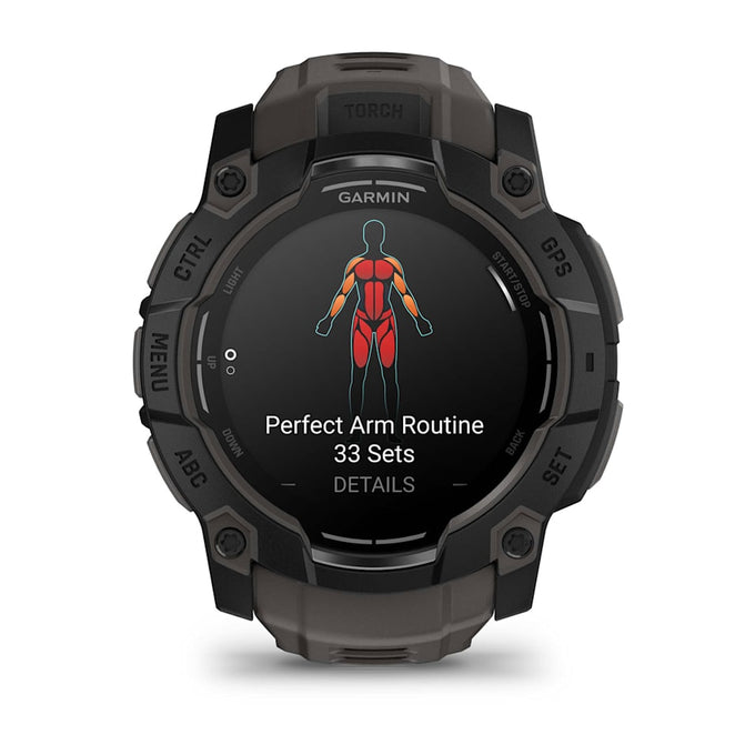 Garmin Instinct 3 50mm AMOLED smartwatch in black with charcoal band, available at Keans Claremorris.