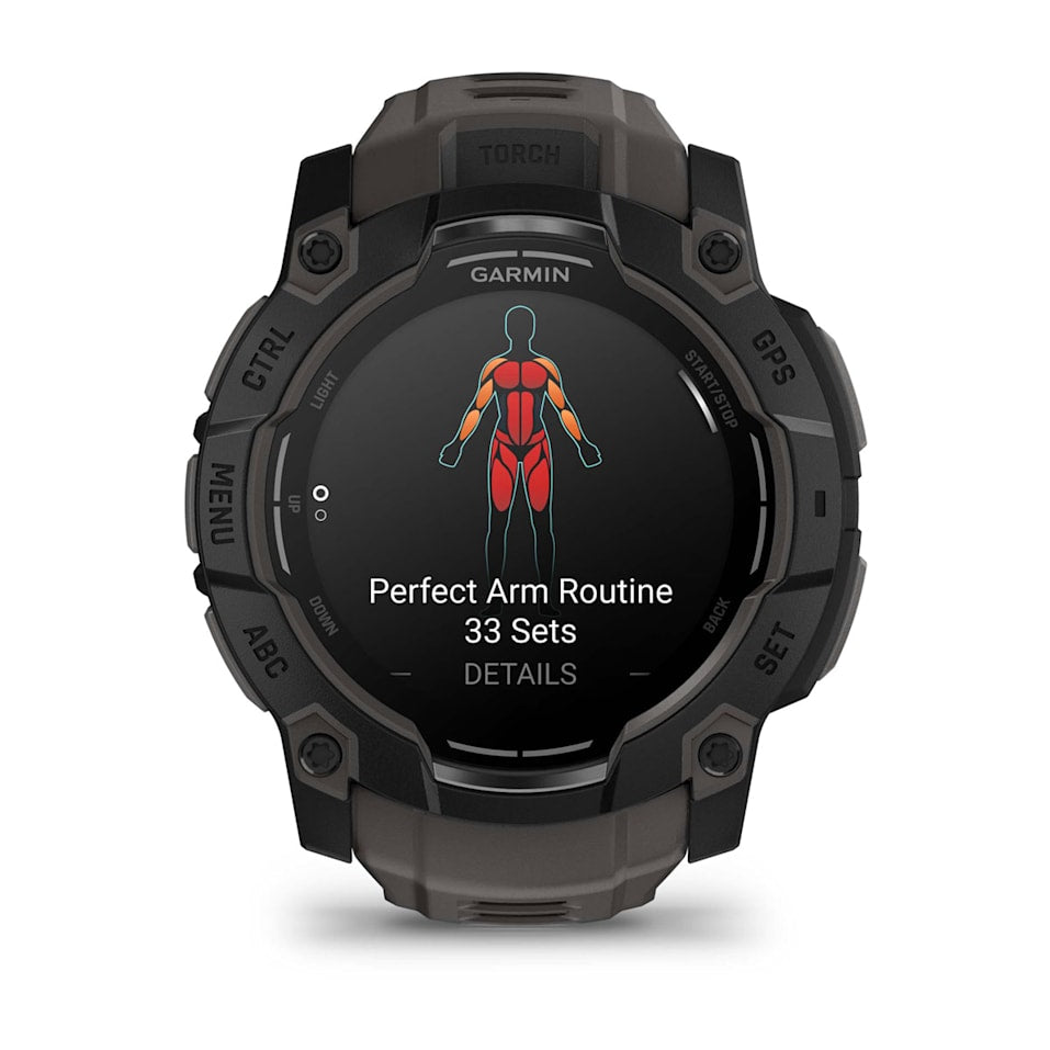 Garmin Instinct 3 50mm AMOLED smartwatch in black with charcoal band, available at Keans Claremorris.