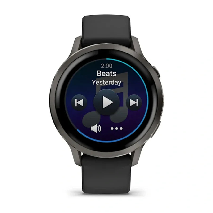 Garmin Venu 4 smartwatch in black with slate bezel showing music player screen with play controls.