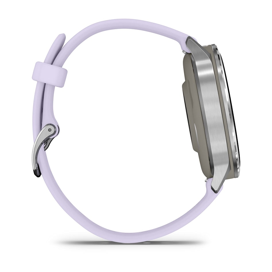 Side view of Garmin Venu 4 smartwatch with gray case and silver bezel, lavender strap visible