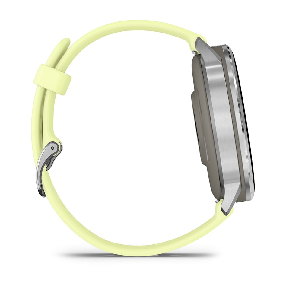Side view of Garmin Venu 4 smartwatch with gray case, silver bezel, and pale yellow strap.
