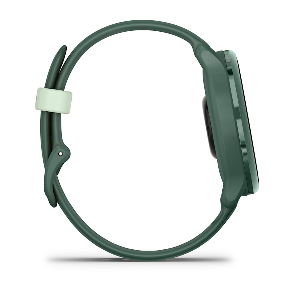 Side view of Garmin Vivoactive 6 smartwatch in jasper green with silicone strap and buckle clasp.