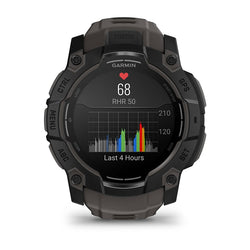 Garmin Instinct 3 50mm AMOLED smartwatch in black with charcoal band, available at Keans Claremorris