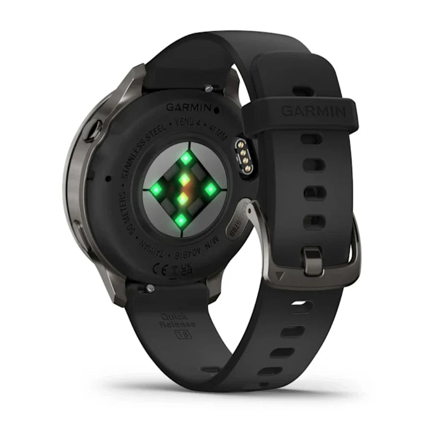 Garmin Venu 4 smartwatch back view showing heart rate sensor and black silicone strap with buckle.