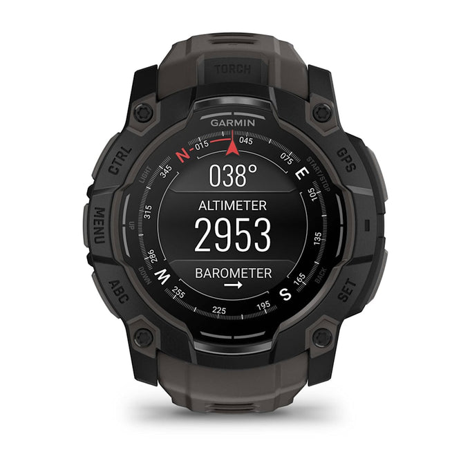 Garmin Instinct 3 50mm AMOLED smartwatch in black with charcoal band, rugged design – available at Keans Claremorris