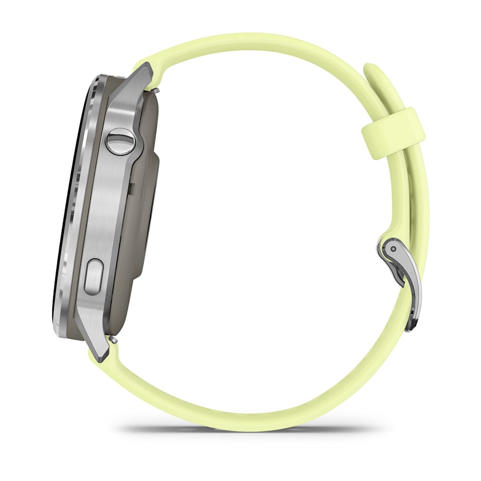 Side view of Garmin Venu 4 smartwatch with gray case and silver buttons, yellow strap looped