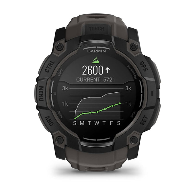 Garmin Instinct 3 50mm AMOLED smartwatch in black with charcoal band, rugged design – available at Keans Claremorris