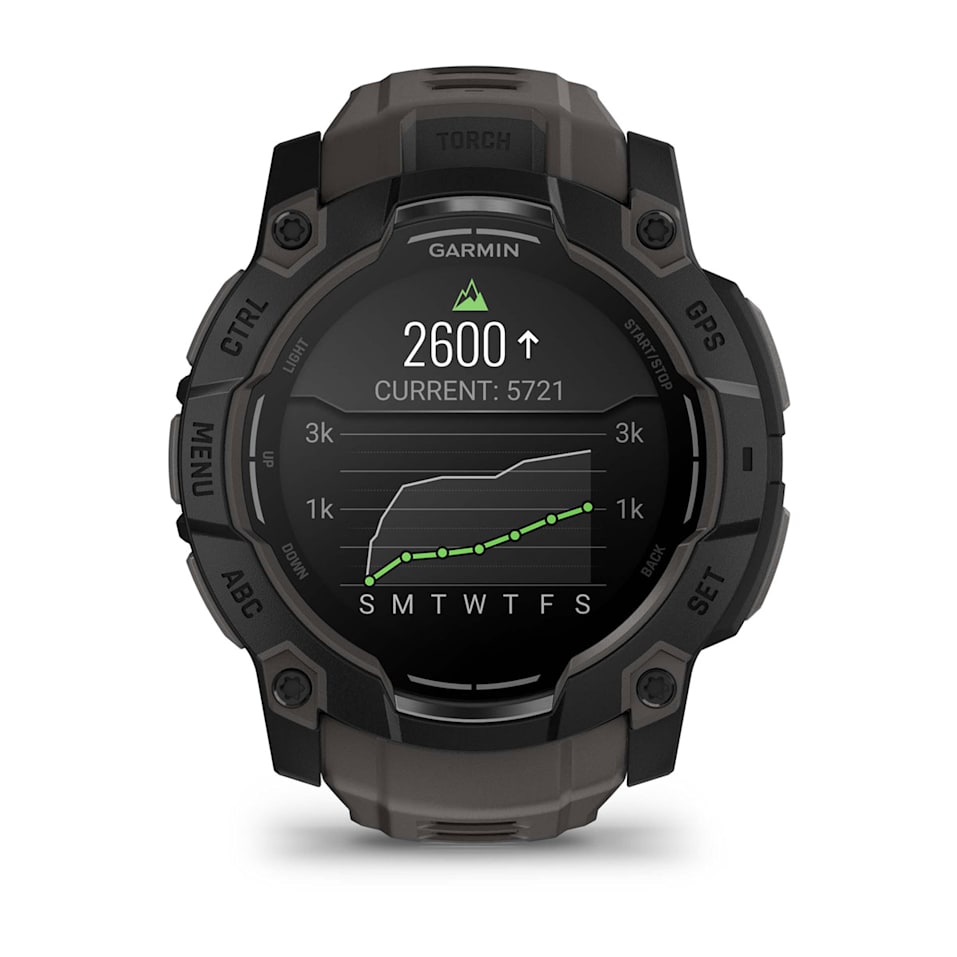 Garmin Instinct 3 50mm AMOLED smartwatch in black with charcoal band, rugged design – available at Keans Claremorris