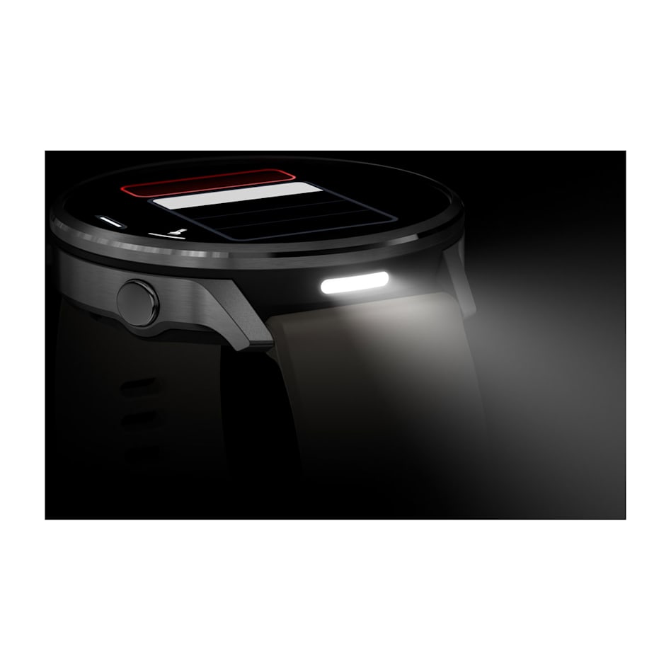 Garmin Venu 4 smartwatch in silver with silver grey band, showing side button and illuminated front light