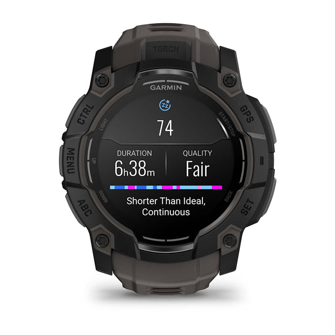 Garmin Instinct 3 50mm AMOLED smartwatch in black with charcoal band, rugged design – available at Keans Claremorris.
