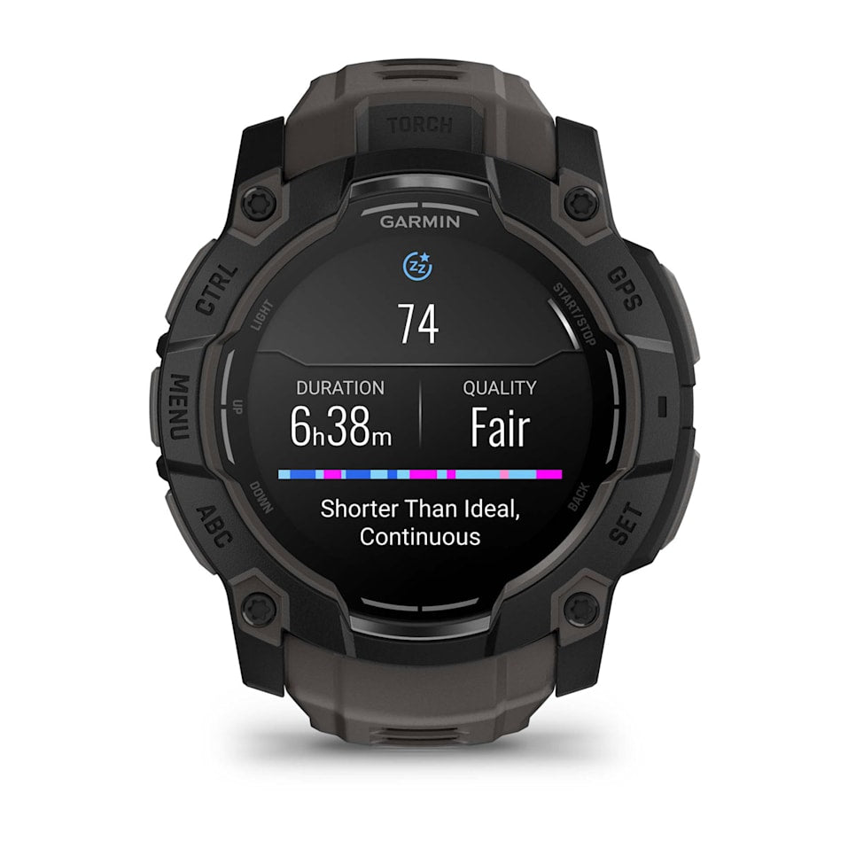 Garmin Instinct 3 50mm AMOLED smartwatch in black with charcoal band, rugged design – available at Keans Claremorris.