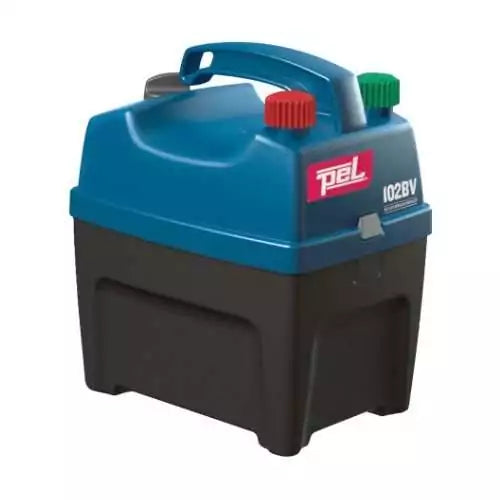 Compact Pel Battery Fencer 9V with blue top, black base, red and green terminal knobs, and carrying handle.