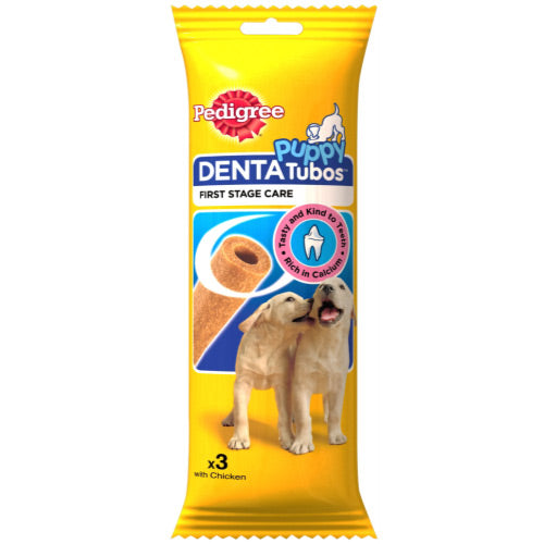 Pedigree Puppy Denta Tubos 3 Pack, calcium-rich dental chews for puppies' teeth and gums, available at Keans Claremorris.